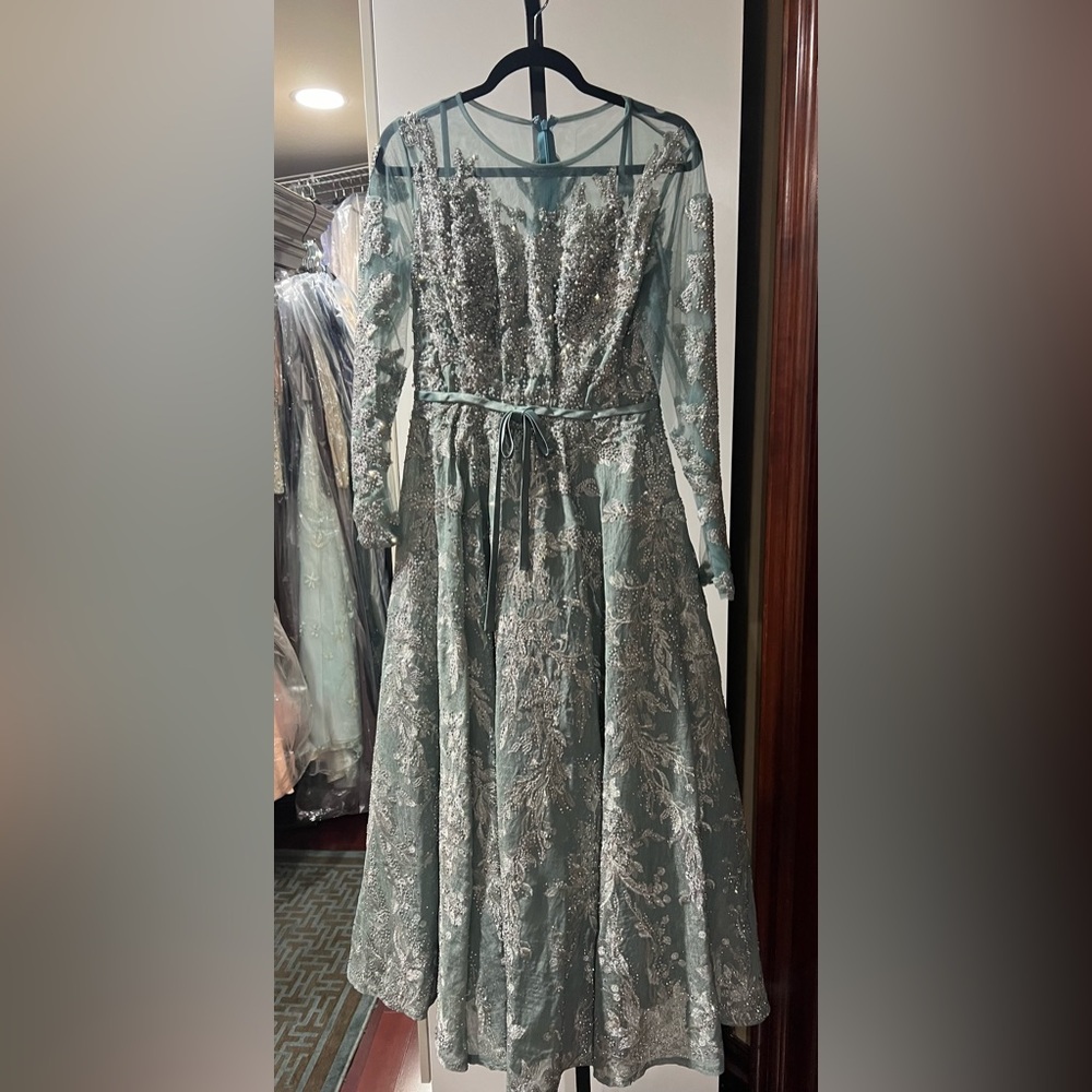 Bow belt illusion teal length evening gown - Picture 5 of 10